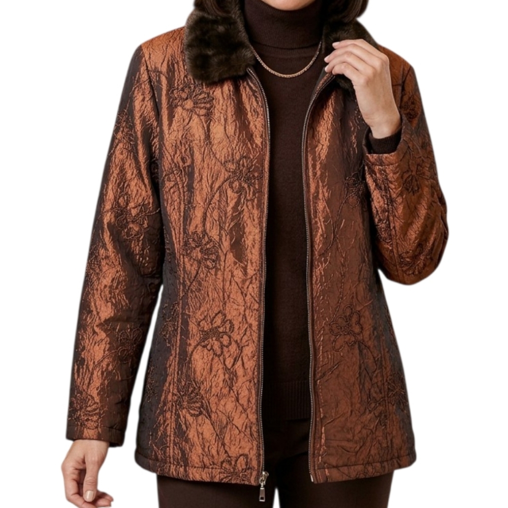Copper Floral Jacket Size Large Faux Fur Crinkled Victorian Steampunk Brocade